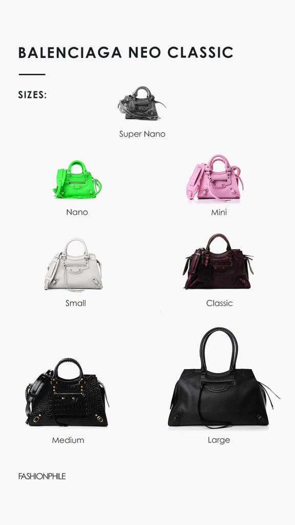 Design Graphic that shows all the Neo Classic handbag sizes available from Balenciaga FASHIONPHILE