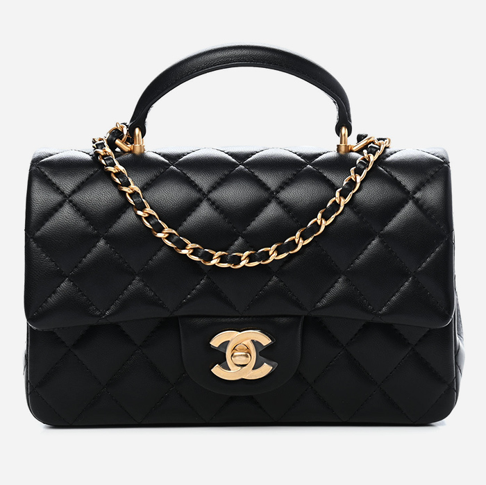 product image of black chanel mini top handle rectangular flap bag FASHIONPHILE