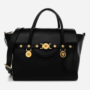 product image of VERSACE Calfskin Medusa Coin Tote in black at FASHIONPHILE