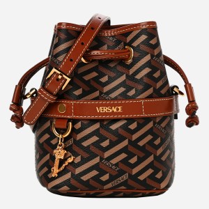 product image of VERSACE Coated Canvas La Greca Mini Bucket Bag in black and caramel at FASHIONPHILE