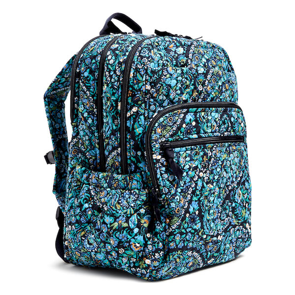 Large backpack in blue and black floral paisley pattern